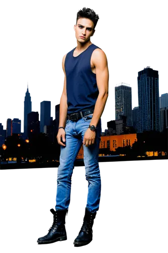 Shutter, Atrock, masculine, athletic build, short spiky hair, bold eyebrows, sharp jawline, sleeveless shirt, ripped jeans, black boots, confident stance, one hand on hip, cityscape background, 3/4 co