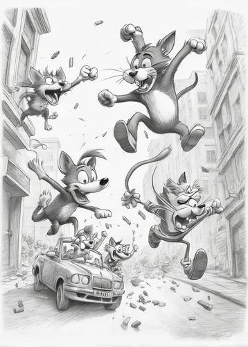 crash-land,muscle car cartoon,skylanders,skull racing,monkey gang,wild animals crossing,flying dogs,car race,crash,rodents,toons,mice,game illustration,ghost car rally,raccoons,cartoon car,car racing,crash test,kangaroo mob,whimsical animals,Illustration,Black and White,Black and White 30