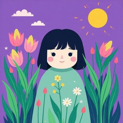 girl in flowers,springtime background,spring background,flower background,flower illustration,blanket of flowers