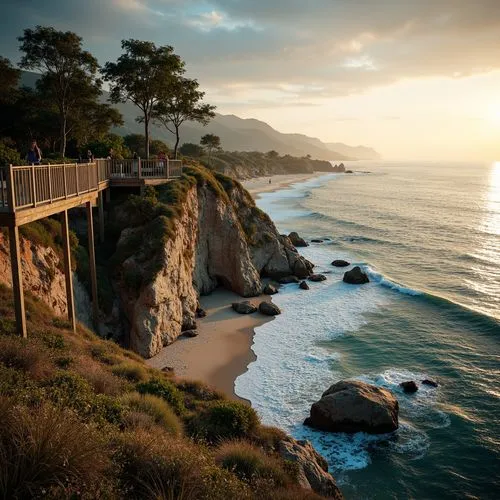 Seaside cliffside, rugged coastline, crashing ocean waves, salty sea air, beachfront promenade, coastal erosion protection, weathered wooden decks, driftwood accents, nautical themed railings, ocean-i