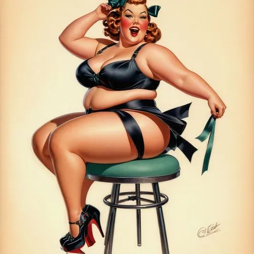 J. Scott Campbell style realistic drawing of a chubby bbw woman in platform heels bullet bra bow in her hair 


,a woman that has a big  sitting on a stool,retro pin up girl,pin-up girl,pin up girl,pi