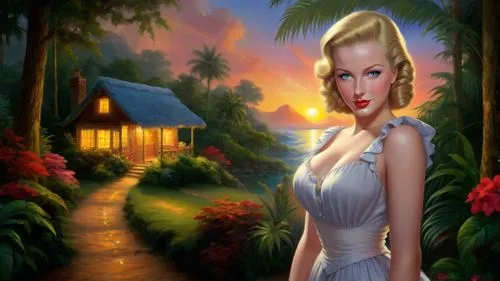 Romantic masterpiece oil painting, cute girl portrait, nostalgic 1950's style kitsch, vibrant rainforest landscape, lush tropical jungle paradise, summer beach vacation seaside cottage scenery, by Tho