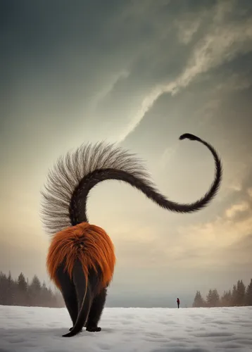 Describe a mysterious creature with two tails.,foxtail,fluffy tail,garden-fox tail,cat tail,oriental longhair,nine-tailed,bunny tail,tail,shetland sheepdog tricolour,tails,long hair chihuahua,whimsica