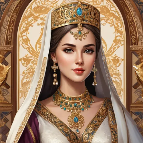 cleopatra,arabian,dulzaina,diadem,jaya,sultana,the prophet mary,eurasian,artemisia,samara,world digital painting,gold jewelry,assyrian,miss circassian,cepora judith,priestess,iranian,persian,fantasy portrait,arab,Illustration,Realistic Fantasy,Realistic Fantasy 43