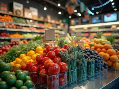 Vibrant grocery store, colorful glass containers, assorted fruits and vegetables, fresh produce section, bright LED lights, reflective metal shelves, modern minimalist interior design, warm atmosphere