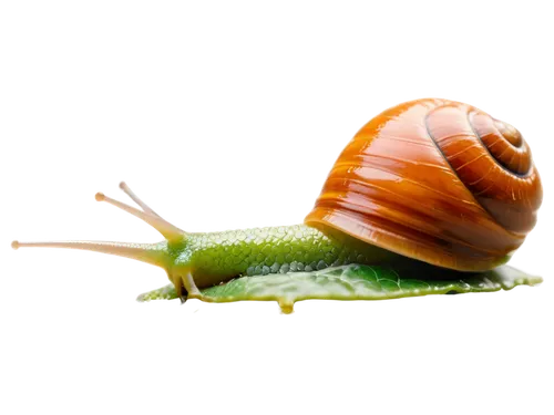 Snail, slimy shell, brown spirals, tiny eyes, antennae, slow movement, leaf-green body, glossy surface, morning dew, soft natural light, macro photography, shallow depth of field, warm color tone, 3/4