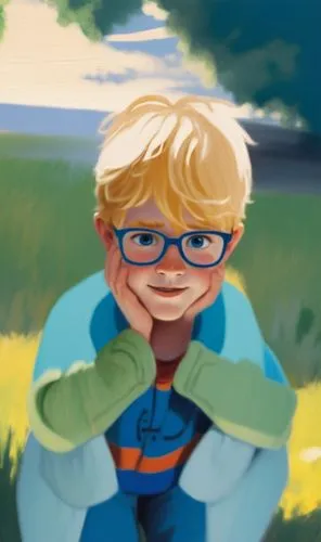 a 4 years old boy,a painting of a boy wearing glasses, in the grass,adrien,wippleman,siebold,finnian,farmboy,arild,Illustration,Vector,Vector 08