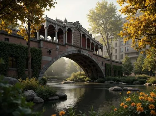 Ornate Baroque bridge, rich jewel-toned color palette, warm golden lighting, intricate stone carvings, ornamental metalwork, majestic arches, rustic stonework, moss-covered walls, serene river waters,