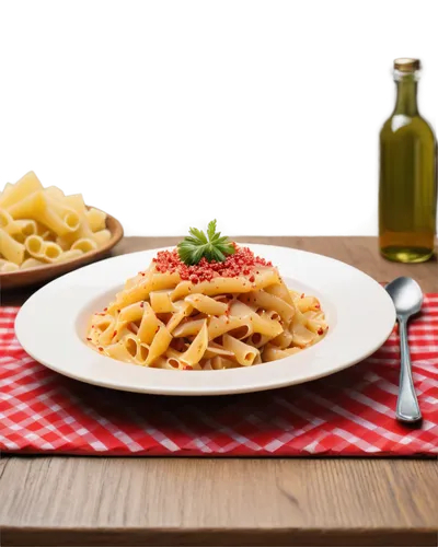 Pasta dish, Italian cuisine, white plate, golden fork, steam rising, savory aroma, close-up shot, shallow depth of field, warm lighting, rustic wooden table, red checkered tablecloth, fresh parsley sp