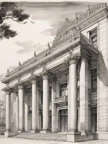 palladian,piranesi,neoclassical,entablature,glyptothek,colonnades,doric columns,columns,pilasters,facade painting,colonnade,palais de chaillot,the parthenon,burgtheater,palladio,mikhailovsky,saint george's hall,cinquantenaire,ctesiphon,city palace,Illustration,Paper based,Paper Based 30