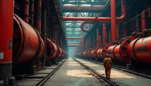 Industrial factory, red accents, vibrant machinery, metallic surfaces, rusty pipes, bold crimson signage, safety helmets, worker uniforms, steel beams, concrete floors, bright overhead lighting, drama