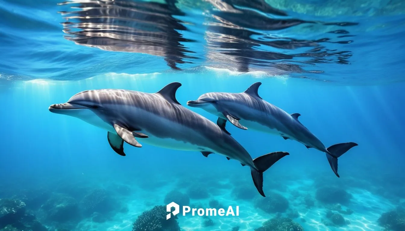 Dolphins swimming on the bottom of the crystal clear sea, ambient light, crystal clear, realistic style – cinematic and realistic, photography.,oceanic dolphins,dolphins in water,bottlenose dolphins,c