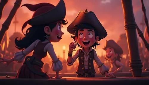 funny pirates makien fun,party, dancing,drinking for kids, cartoon stule in Cinematic Tones, with a focus on storytelling and emotional depth, using warm, earthy shades of bronze and purple to evoke a