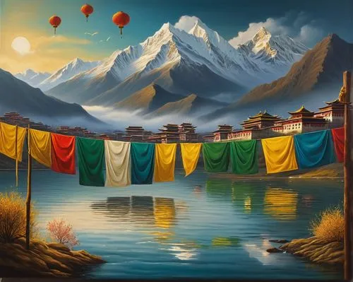 tibetan prayer flags,prayer flags,tibet,prayer flag,everest region,world digital painting,tibetan,khokhloma painting,himalayan,himalayas,bhutan,annapurna,hanging temple,nepal,himalaya,chinese lanterns,hot-air-balloon-valley-sky,yunnan,art painting,mountain scene,Art,Classical Oil Painting,Classical Oil Painting 26