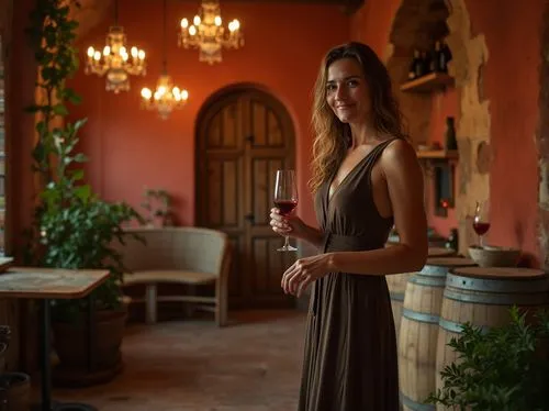 Wineries, interior, coral color walls, vintage wooden barrels, rustic stone floors, dim warm lighting, intimate atmosphere, mature lady, wine taster, standing, holding wine glass, elegant dress, long 