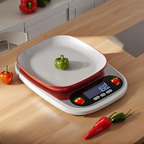 there is a large scale with food on it,kitchen scale,chopping board,casserole dish,cooktop,vegetable pan,bathroom scale,Photography,General,Realistic