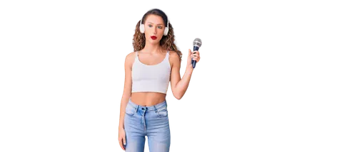 Young woman, singer, solo, (20yo), beautiful detailed eyes, light blush, long curly brown hair, red lipstick, white tank top, high-waisted jeans, silver microphone, headphones around neck, standing, o