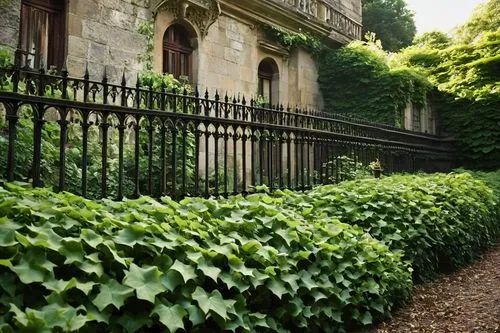 ornate iron fence, intricate Victorian design, rusty patina, weathered stone wall, lush green ivy climbing, overgrown garden, abandoned mansion, mysterious ambiance, warm afternoon sunlight, dramatic 