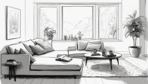 sitting room,sunroom,livingroom,living room,interiors,apartment lounge,Illustration,Black and White,Black and White 08