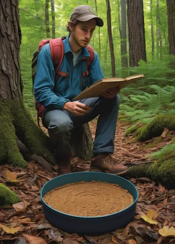 Lost in the backwoods, a hiker discovers an ancient artifact.,handpan,fungal science,polypore,chestnut bolete,chaga mushroom,field drum,disc fungus,foragers,forest workplace,foraging,wildlife biologis