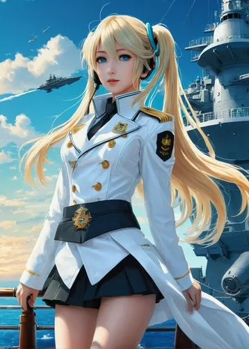 Hatsune Miku, beautiful young girl, beautiful realistic eyes, beautiful lips, blonde long hair, dressed in a white ship captain's suit, standing on the deck of a ship, huge battleship guns, blue sky, 