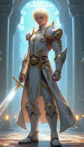 Full-body character design of a handsome man with Nordic features, radiant blonde hair, and bright blue eyes. Wears gleaming, white and gold armor that emits a soft glow. Holds a sword that radiates p