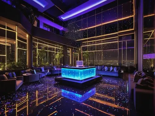 Streaming event architecture, modern skyscraper, cityscape, glass and steel structure, LED lights, neon signs, rooftop garden, luxurious interior, marble floor, high ceilings, grand staircase, VIP lou