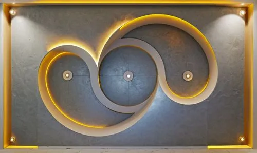 Convert this layout into a real gypsum decor for a room with hidden lighting.,an interesting piece of art that looks like it has been painted,wall light,roundels,portal,toroid,stargates,circle shape f