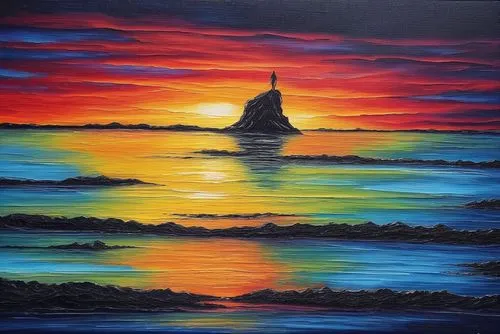 lighthouse,seascape,oil painting on canvas,sea landscape,oil painting,krakatoa,art painting,sea stack,light house,peinture,lava lamp,lighthouses,oil pastels,painting technique,petit minou lighthouse,coast sunset,phare,oil on canvas,oil rig,sailboat,Illustration,Realistic Fantasy,Realistic Fantasy 25