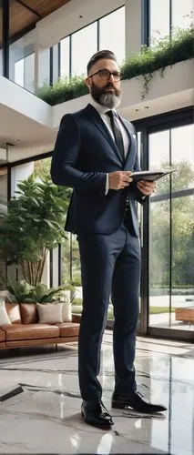 Mature man, chief architect, 40yo, bearded, glasses, suit, tie, white shirt, black pants, leather shoes, holding blueprint, standing, luxurious villa, modern architectural features, large windows, sli