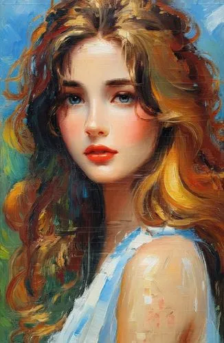 an oil painting of a woman with red lipstick,diwata,mystical portrait of a girl,young girl,girl portrait,young woman,margaery,Conceptual Art,Oil color,Oil Color 10