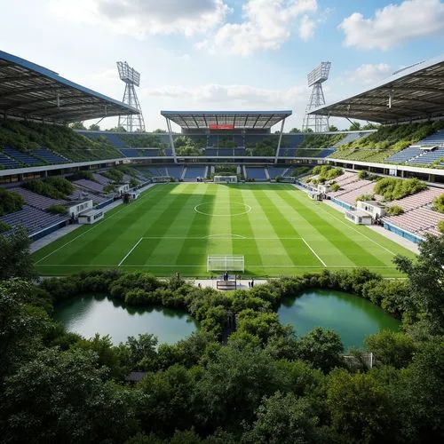 Eco-friendly stadium, lush green roofs, solar panels, wind turbines, rainwater harvesting systems, recycled building materials, natural ventilation, large windows, minimal steel structures, cantilever