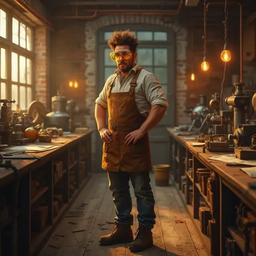 Golden workshop, warm lighting, industrial tools, wooden workbenches, metal machinery, leather aprons, golden safety goggles, worn jeans, strong arms, focused facial expression, messy hair, afternoon 