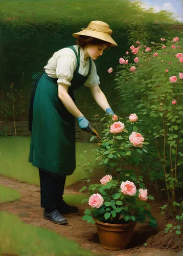 Write a heartwarming scene of a Rosa chinensis being planted and nurtured by a loving gardener.,girl picking flowers,work in the garden,picking flowers,gardener,girl in the garden,rosebush,bibernell r