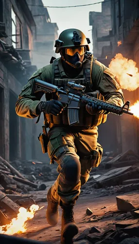 battle-hardened soldier, dynamic pose, holding rifle, tactical gear, camouflage uniform, intense expression, action-packed, mid-battle, urban environment, destroyed buildings, smoke, debris, dusk ligh