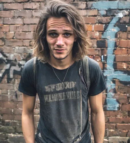 austin stirling,austin morris,homeless man,caveman,british semi-longhair,surfer hair,disheveled,brick wall background,dreadlocks,grunge,ryan navion,cave man,danila bagrov,concrete background,jack rose