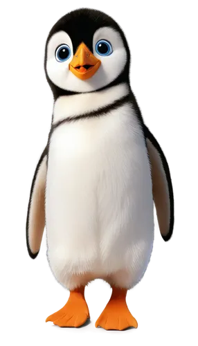 penguin, cartoon style, solo, (3yo), cute facial expression, big eyes, orange beak, yellow feet, black and white feathers, standing pose, looking up, happy emotion, bright blue background, soft shadin