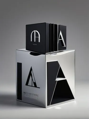 Modern architecture office logo, silver and black color scheme, simple geometric shape, 3D cube with abstract building silhouette, bold font, sans-serif typography, lowercase letter "a" incorporated i