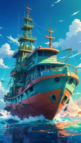 A futuristic fishing vessel
,a huge boat that is in the water,sea fantasy,gangplank,yamatai,ship,releasespublications,pineapple boat,Illustration,Japanese style,Japanese Style 03