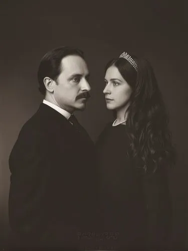 Official black and white photo double portrait of Their Majesties King Charles I and Queen Olga of Württemberg.,black and white po of a man with a mustache and a woman in formal clothing,downton,roari