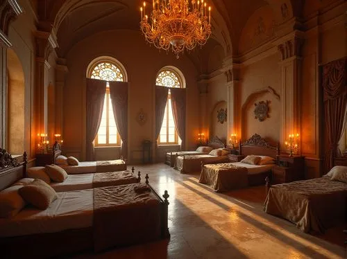 Byzantine style dorm, golden ornate chandelier, soft warm candlelight, large windows with stained glass, intricate stone carvings on walls, ornate wooden beds, rich velvet curtains, majestic arches, s