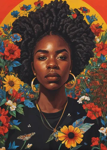 Amidst the chaos, a poet recites powerful verses echoing the importance of black lives mattering.,girl in flowers,safflower,afroamerican,oil on canvas,girl in a wreath,rosa ' amber cover,oil painting 