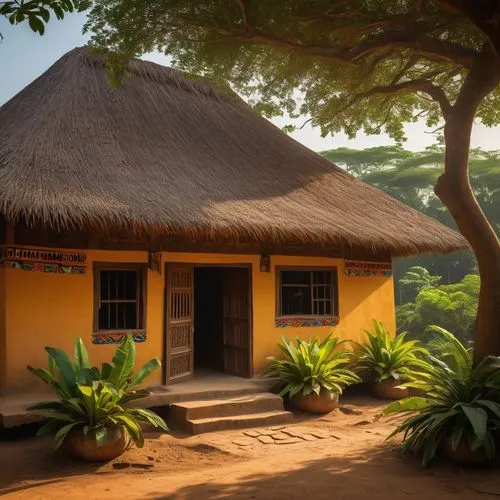 Traditional Ghanaian architecture, intricate patterns, colorful textiles, mud huts, thatched roofs, wooden doors, ornate carvings, vibrant colors, African motifs, Adinkra symbols, Asante gold accents,