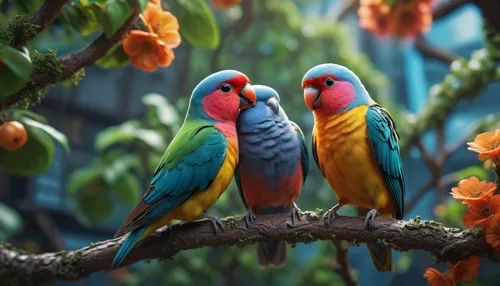 2 colorful lovebirds standing on a tree branch in the middle of a home garden,parrot couple,couple macaw,macaws of south america,macaws,tropical birds,parrots,passerine parrots,macaws blue gold,colorf