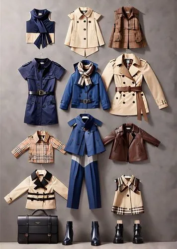 a collage of a child's fall clothing,police uniforms,greatcoats,burberry,trenchcoats,military uniform,coats,Anime,Anime,General