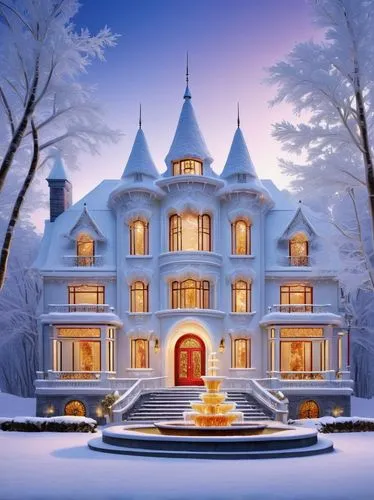 fairy tale castle,snow house,fairytale castle,winter house,dreamhouse,snowhotel,winterplace,ice castle,snow roof,victorian house,the gingerbread house,mcmansion,beautiful home,snow globe,gingerbread house,chateau,houses clipart,christmas house,fairy tale,mansion,Illustration,Abstract Fantasy,Abstract Fantasy 22