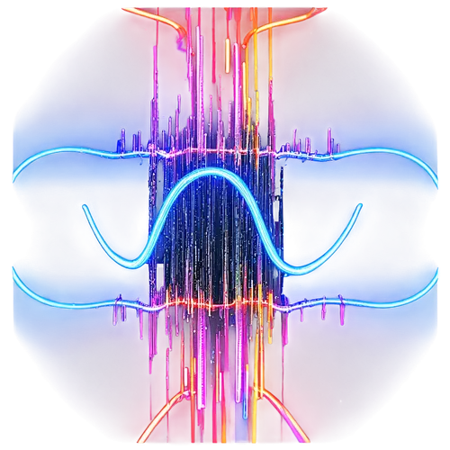 Glitchy audio waveform, futuristic neon lights, digital noise, distorted sound waves, 3D circuit board, metallic surface, wires tangled, LED lights flashing, close-up shot, high contrast, vibrant colo