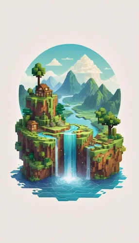 Craft a serene Minecraft logo with peaceful landscapes, flowing water, and a tranquil font.,floating islands,floating island,wasserfall,waterfall,chasm,a small waterfall,water fall,waterfalls,an islan