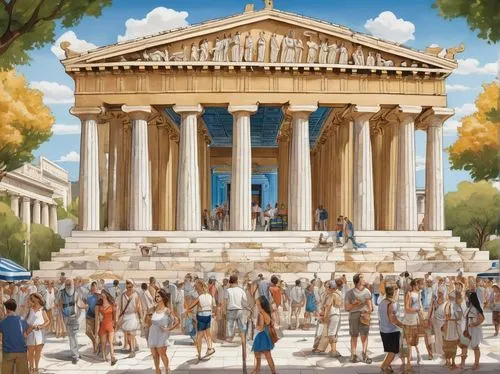 school of athens,panathenaic,greek temple,zappeion,the parthenon,athenian,caesonia,syntagma,parthenon,amphipolis,temple of diana,acropolis,athens,eurypylus,panathenian,theodosiopolis,athen,thermae,eleusinian,temple of hercules,Illustration,Abstract Fantasy,Abstract Fantasy 23