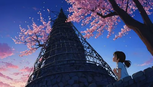 sky tree,japanese sakura background,fairy chimney,sakura background,rapunzel,stone pagoda,sakura tree,spire,the cherry blossoms,cherry blossom tree,hanami,metasequoia,house silhouette,the japanese tree,chidori is the cherry blossoms,tokyo sky tree,fantasy picture,chedi,chimney,takato cherry blossoms,Illustration,Japanese style,Japanese Style 14